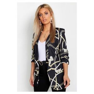 Boohoo Chain Print Rouched Sleeve Blazer Sz 14